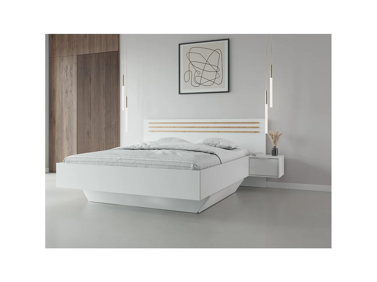 Cama FLORENCE – Blanca y roble – 160x200 cm – Con mesitas de noche integradas – Somier y cajones no incluidos