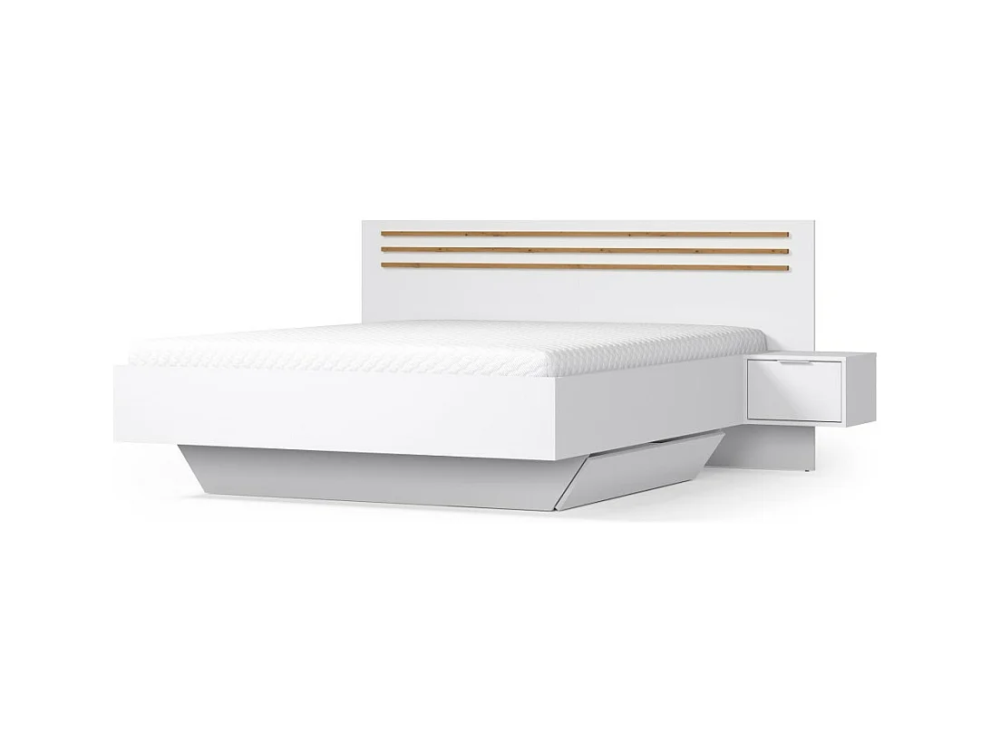 Cama FLORENCE – Blanca y roble – 160x200 cm – Con mesitas de noche integradas – Somier y cajones no incluidos