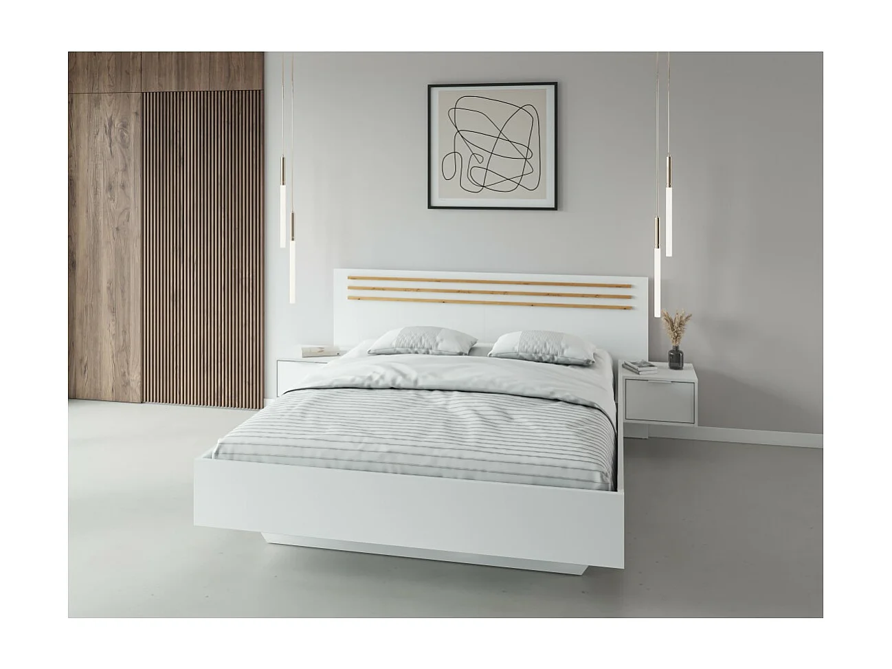 Cama FLORENCE – Blanca y roble – 160x200 cm – Con mesitas de noche integradas – Somier y cajones no incluidos