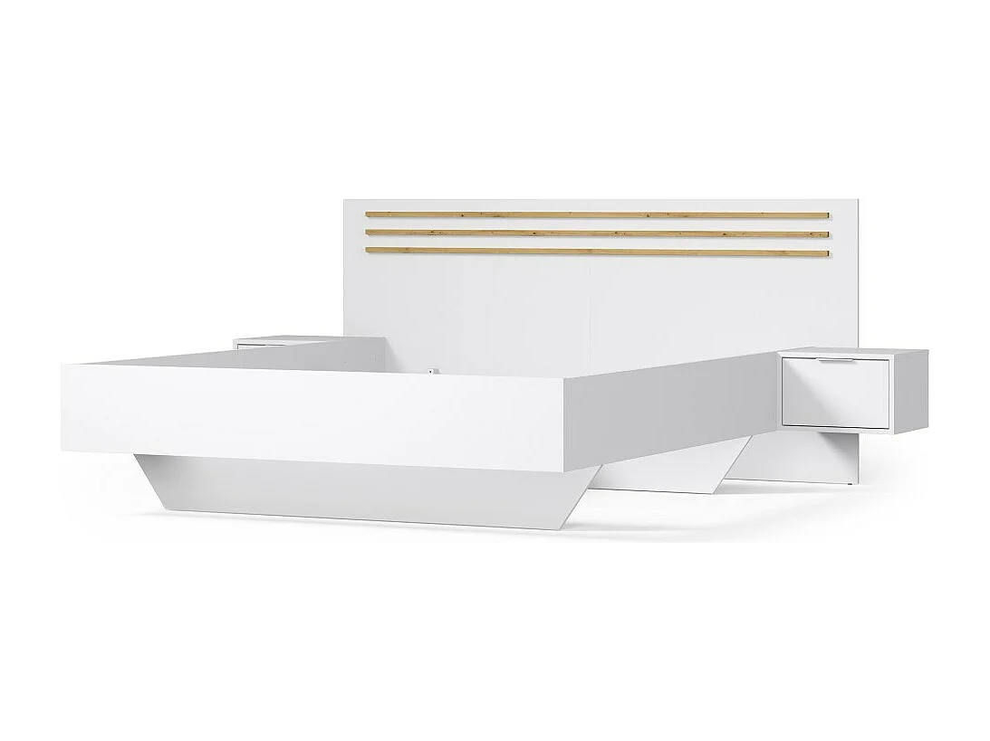Cama FLORENCE – Blanca y roble – 160x200 cm – Con mesitas de noche integradas – Somier y cajones no incluidos