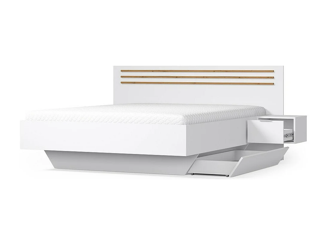 Cama FLORENCE – Blanca y roble – 160x200 cm – Con mesitas de noche integradas – Somier y cajones no incluidos