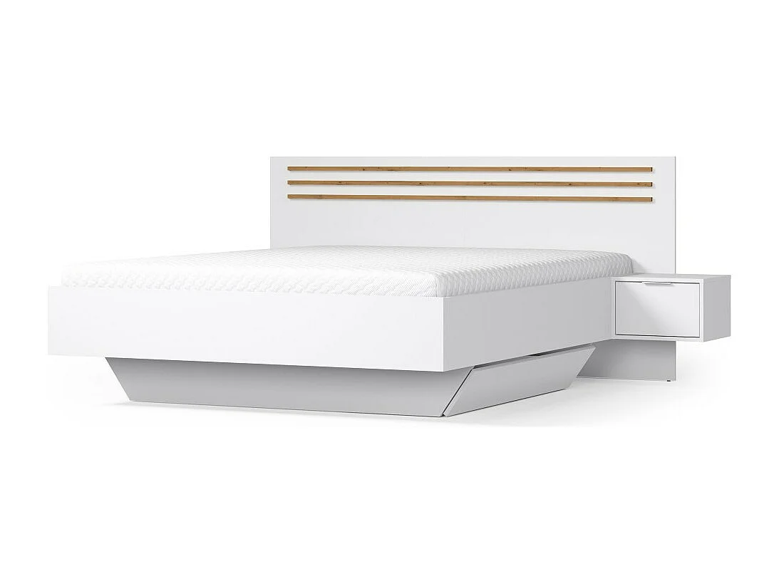 Cama FLORENCE – Blanca y roble – 160x200 cm – Con mesitas de noche integradas – Somier y cajones no incluidos