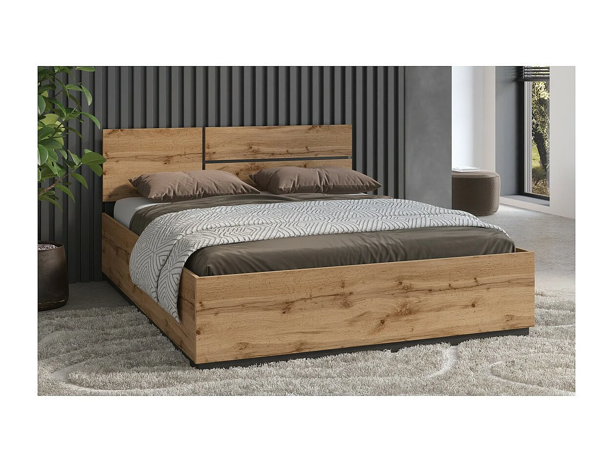 Lit HAVANA 180x200 cm chêne et noir – Grand lit moderne pour chambre naturelle