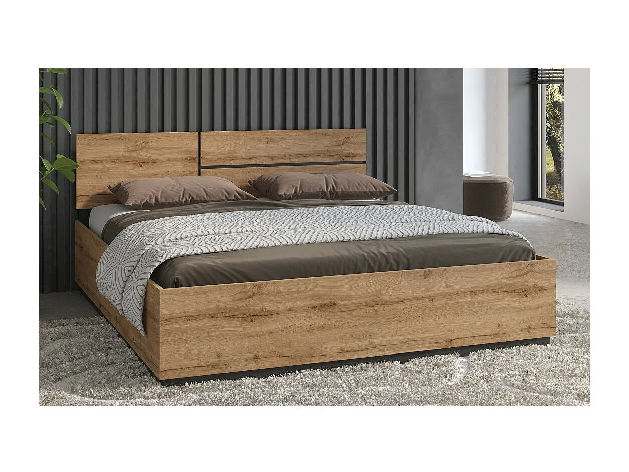 Lit HAVANA 180x200 cm chêne et noir – Grand lit moderne pour chambre naturelle