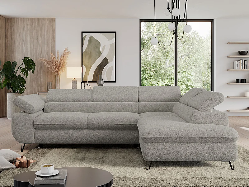 Ecksofa PEDRO - L-Form mit Schlaffunktion 200x125 cm, verstellbaren Kopfstützen - Hellgrau Boucle - Ecke Rechts