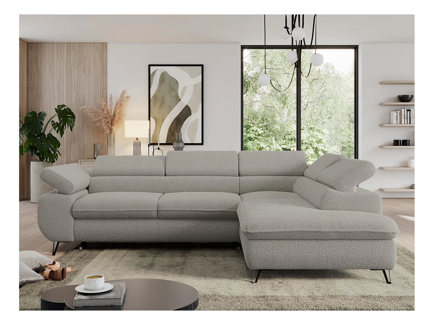 Ecksofa PEDRO - L-Form mit Schlaffunktion 200x125 cm, verstellbaren Kopfstützen - Hellgrau Boucle - Ecke Rechts