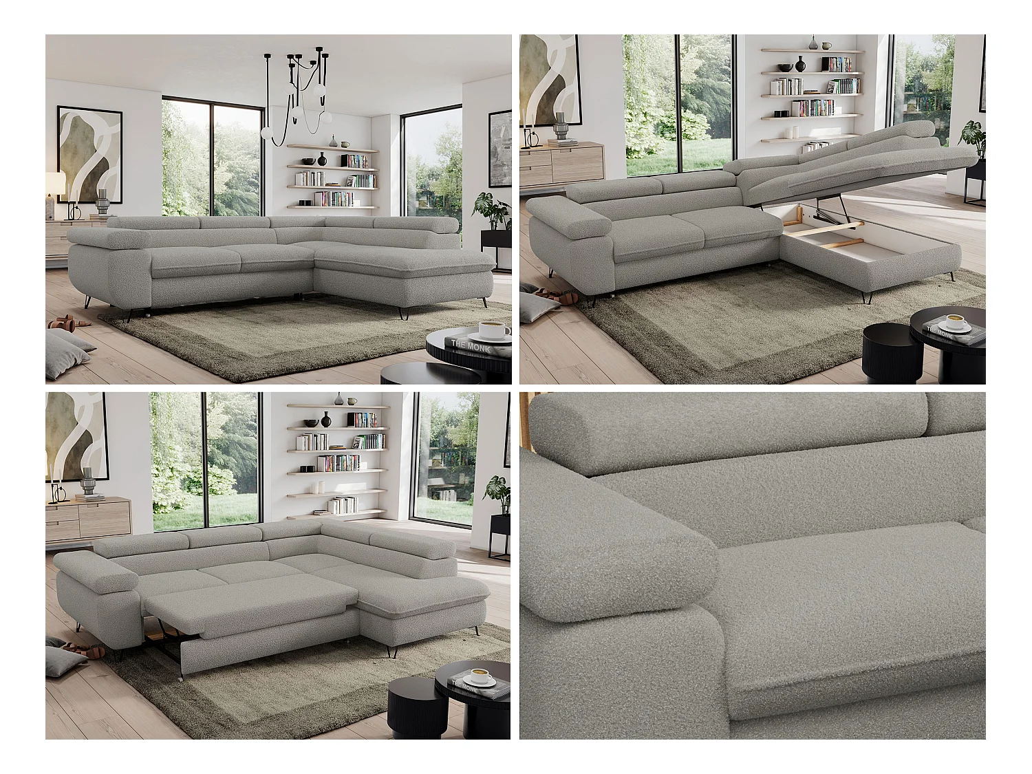 Ecksofa PEDRO - L-Form mit Schlaffunktion 200x125 cm, verstellbaren Kopfstützen - Hellgrau Boucle - Ecke Rechts