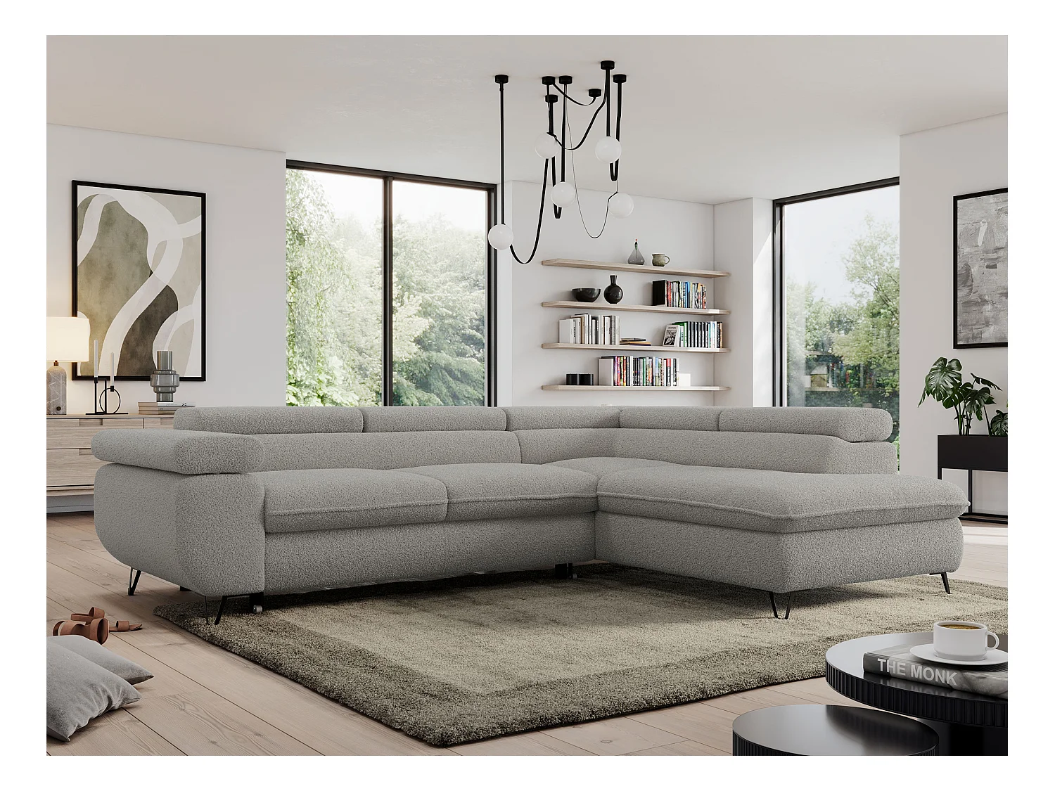 Ecksofa PEDRO - L-Form mit Schlaffunktion 200x125 cm, verstellbaren Kopfstützen - Hellgrau Boucle - Ecke Rechts