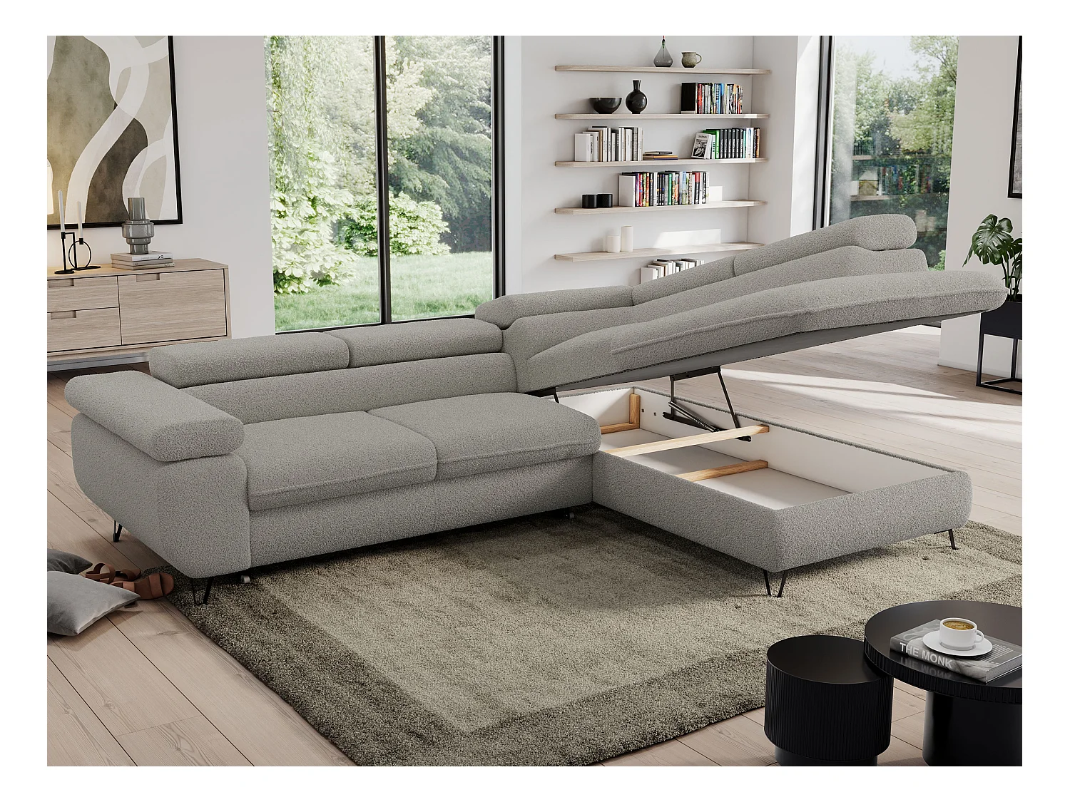 Ecksofa PEDRO - L-Form mit Schlaffunktion 200x125 cm, verstellbaren Kopfstützen - Hellgrau Boucle - Ecke Rechts