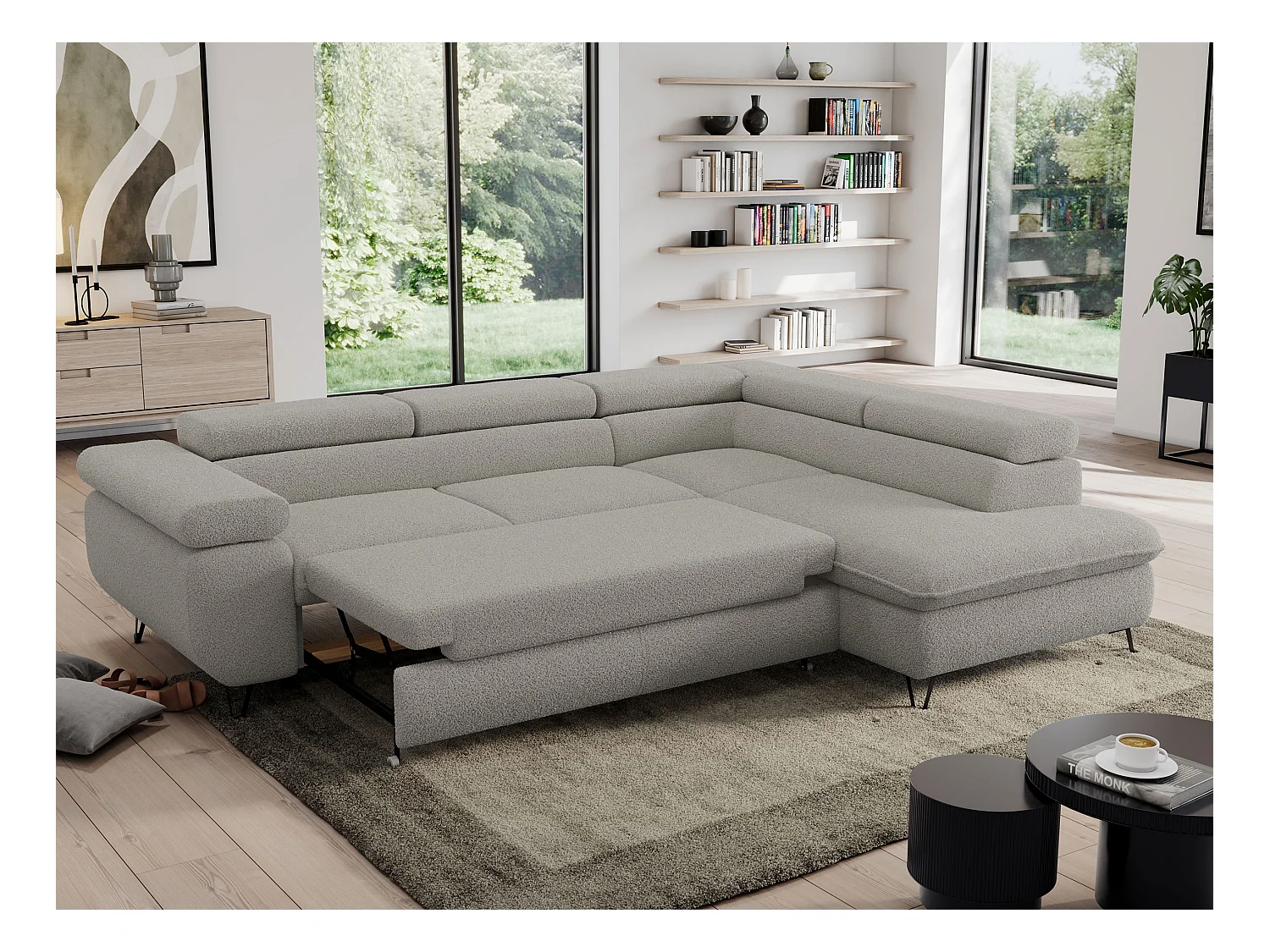 Ecksofa PEDRO - L-Form mit Schlaffunktion 200x125 cm, verstellbaren Kopfstützen - Hellgrau Boucle - Ecke Rechts