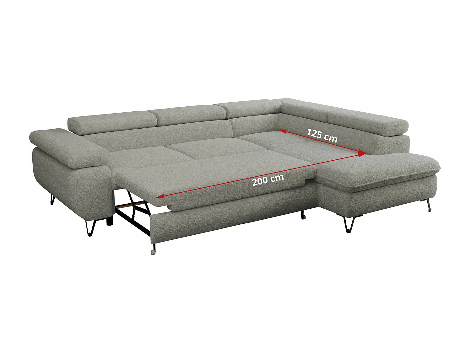 Ecksofa PEDRO - L-Form mit Schlaffunktion 200x125 cm, verstellbaren Kopfstützen - Hellgrau Boucle - Ecke Rechts