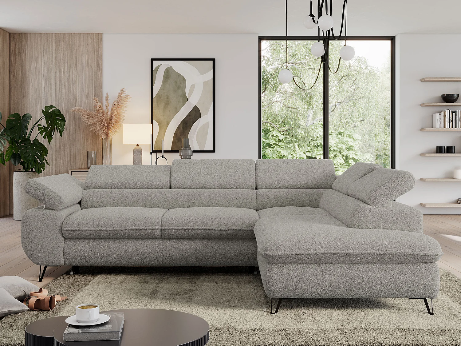 Ecksofa PEDRO - L-Form mit Schlaffunktion 200x125 cm, verstellbaren Kopfstützen - Hellgrau Boucle - Ecke Rechts