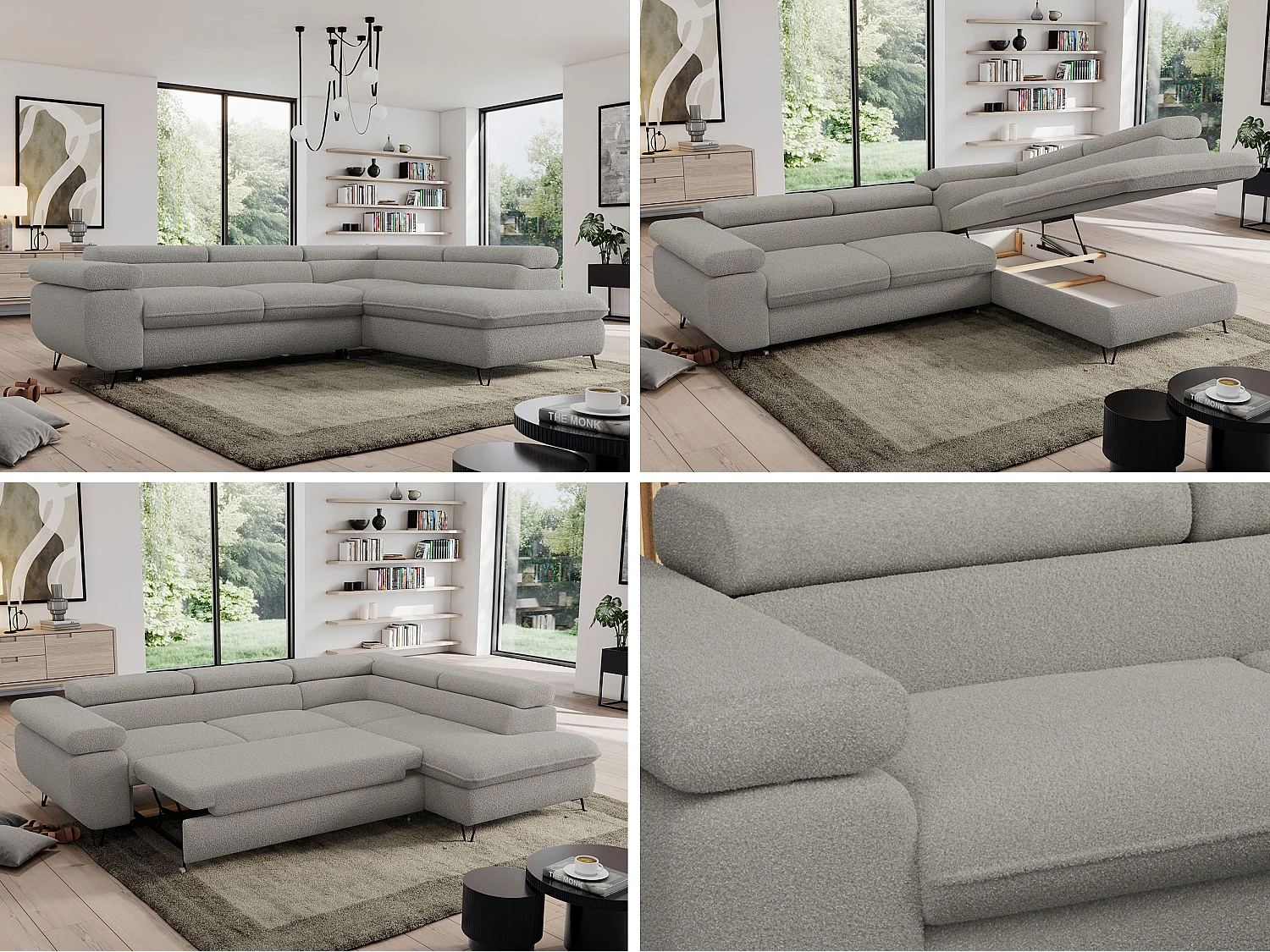 Ecksofa PEDRO - L-Form mit Schlaffunktion 200x125 cm, verstellbaren Kopfstützen - Hellgrau Boucle - Ecke Rechts