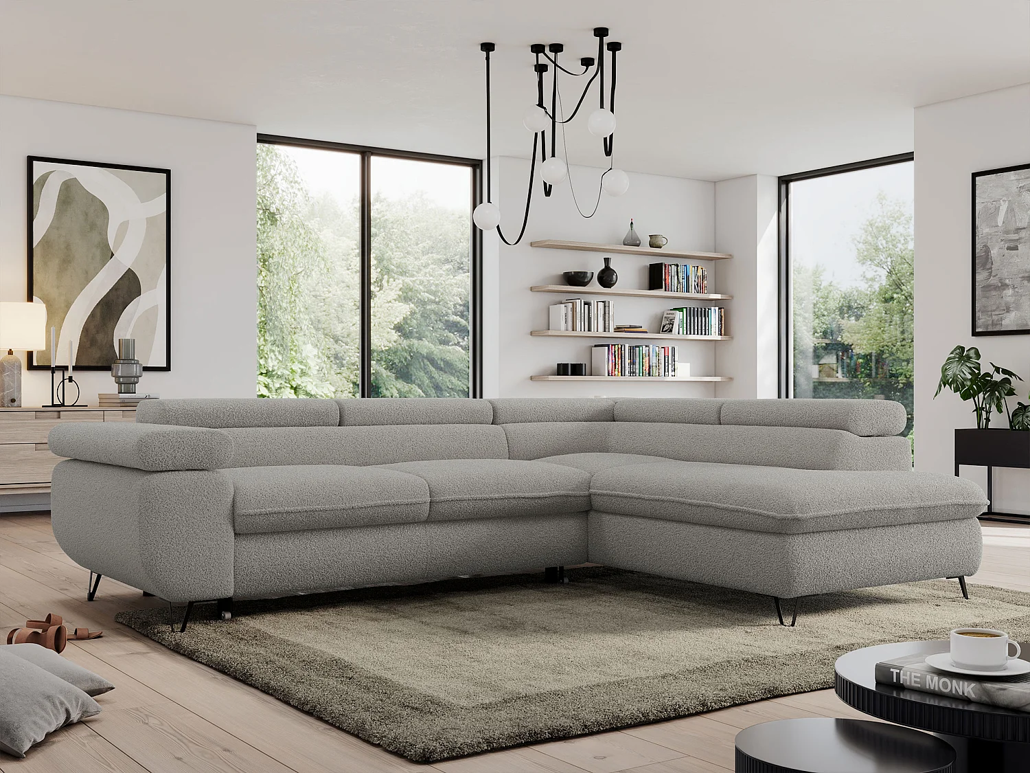 Ecksofa PEDRO - L-Form mit Schlaffunktion 200x125 cm, verstellbaren Kopfstützen - Hellgrau Boucle - Ecke Rechts