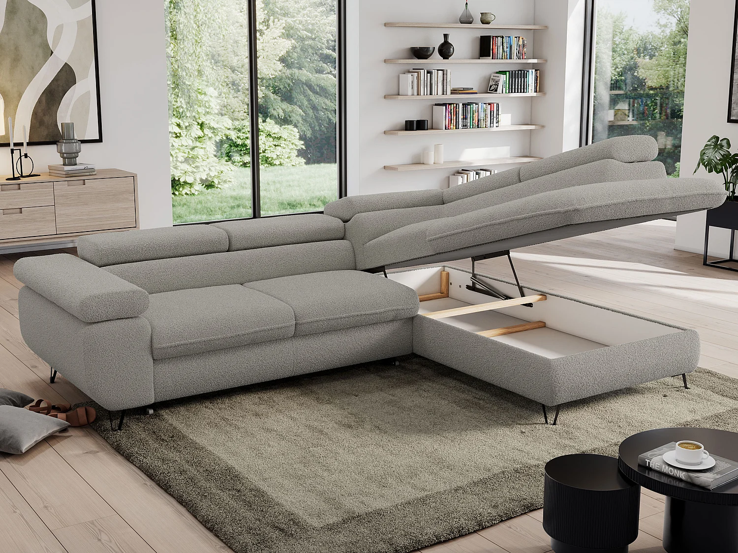 Ecksofa PEDRO - L-Form mit Schlaffunktion 200x125 cm, verstellbaren Kopfstützen - Hellgrau Boucle - Ecke Rechts