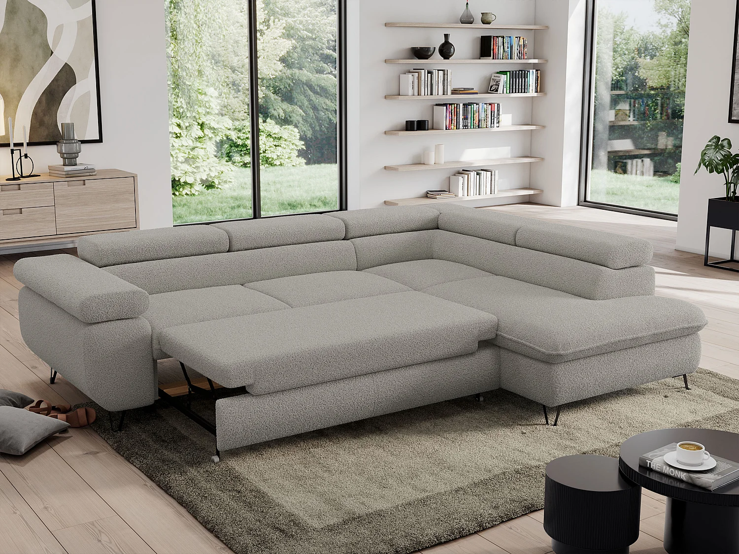 Ecksofa PEDRO - L-Form mit Schlaffunktion 200x125 cm, verstellbaren Kopfstützen - Hellgrau Boucle - Ecke Rechts