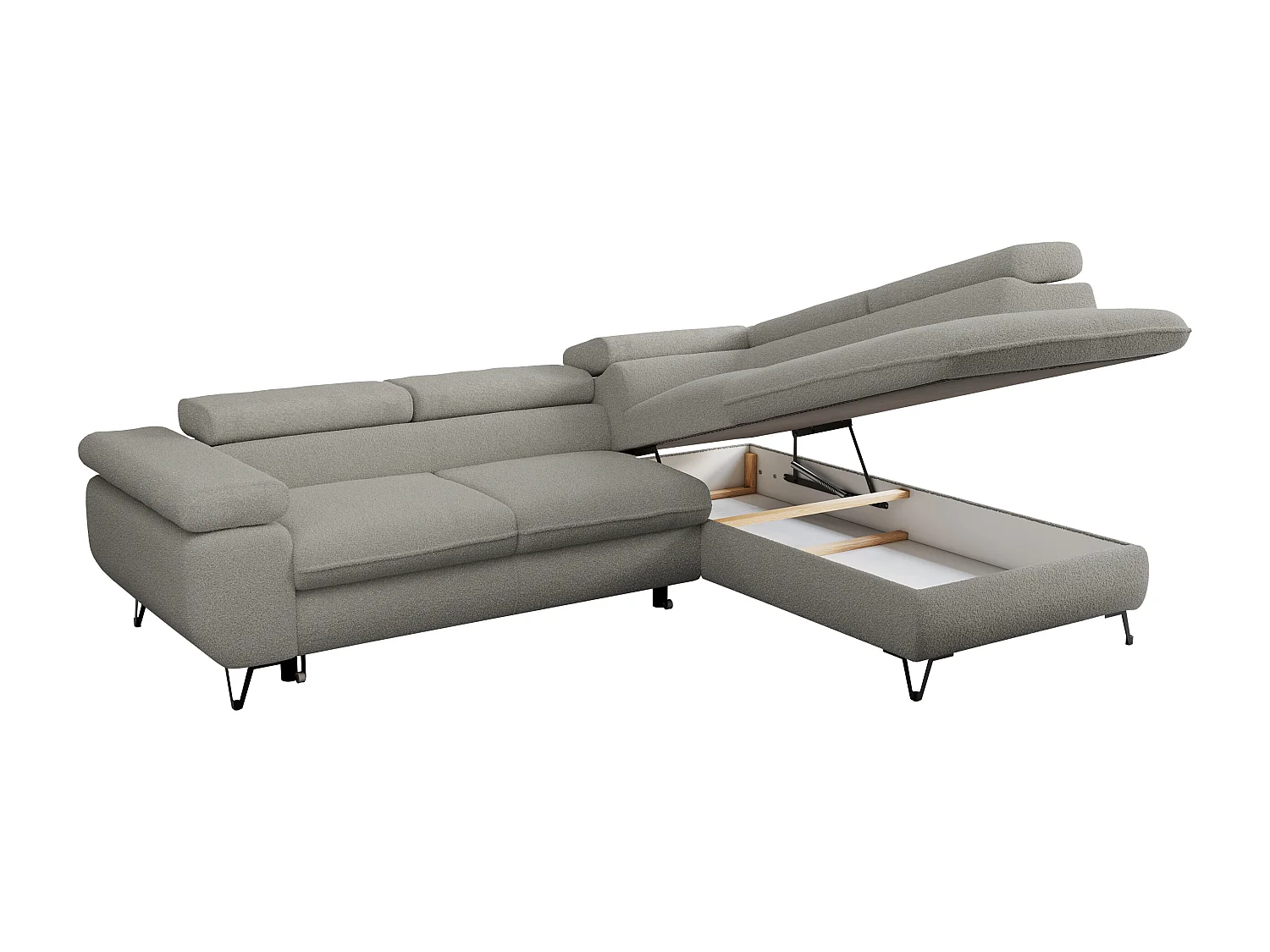 Ecksofa PEDRO - L-Form mit Schlaffunktion 200x125 cm, verstellbaren Kopfstützen - Hellgrau Boucle - Ecke Rechts