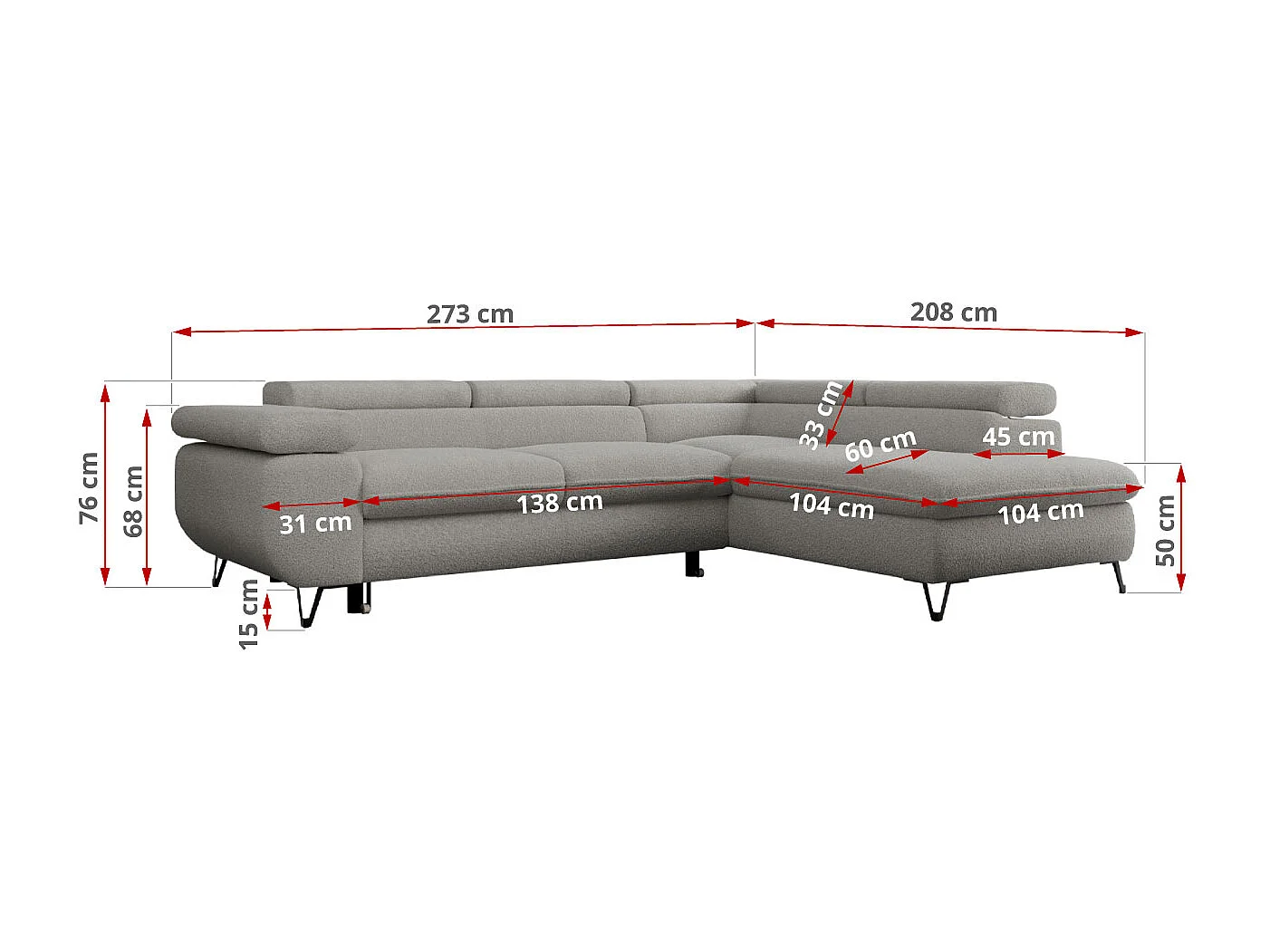 Ecksofa PEDRO - L-Form mit Schlaffunktion 200x125 cm, verstellbaren Kopfstützen - Hellgrau Boucle - Ecke Rechts