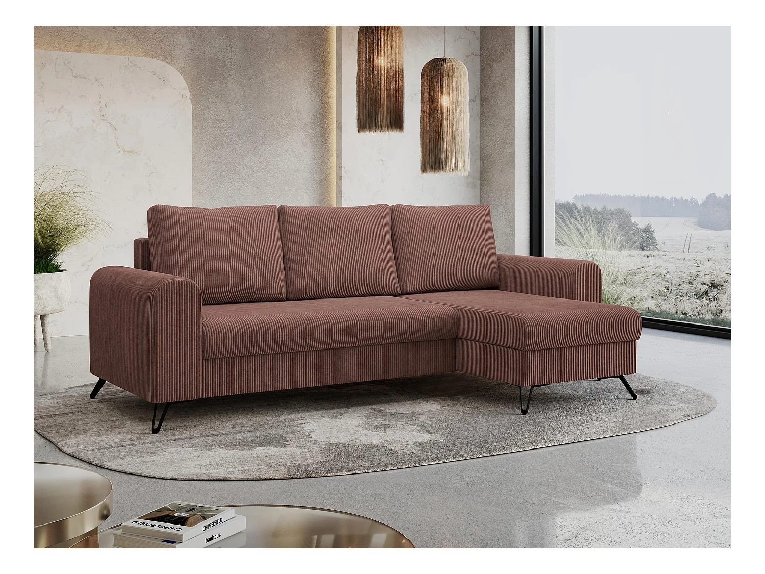 Ecksofa HUGO - L-Form mit Schlaffunktion, lose Kissen - Braun Cord