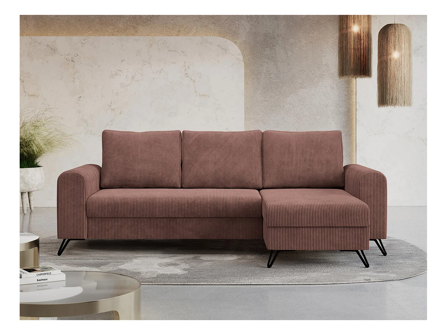 Ecksofa HUGO - L-Form mit Schlaffunktion, lose Kissen - Braun Cord