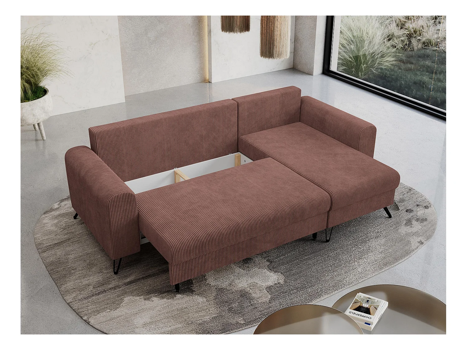 Ecksofa HUGO - L-Form mit Schlaffunktion, lose Kissen - Braun Cord