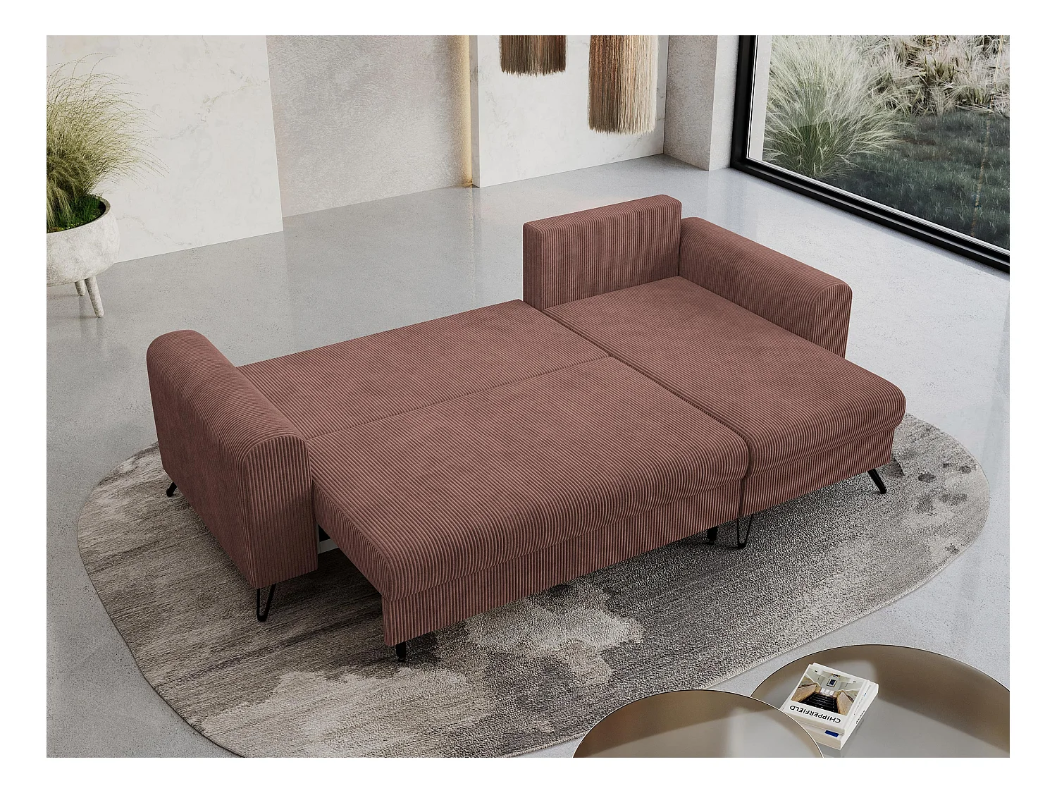 Ecksofa HUGO - L-Form mit Schlaffunktion, lose Kissen - Braun Cord