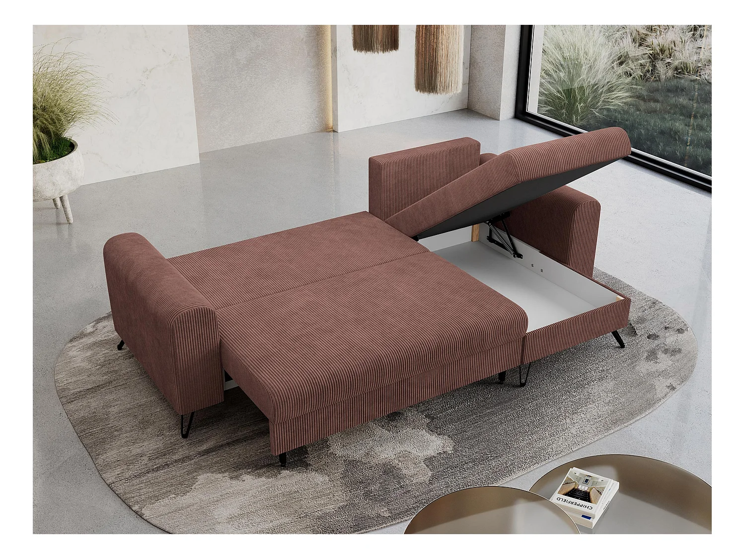 Ecksofa HUGO - L-Form mit Schlaffunktion, lose Kissen - Braun Cord