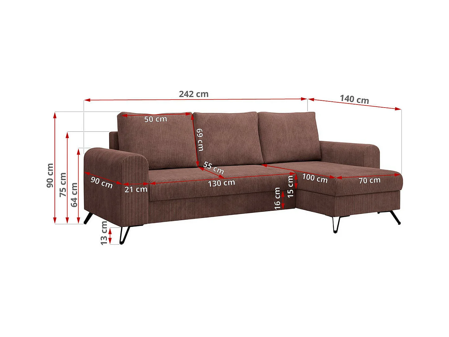 Ecksofa HUGO - L-Form mit Schlaffunktion, lose Kissen - Braun Cord