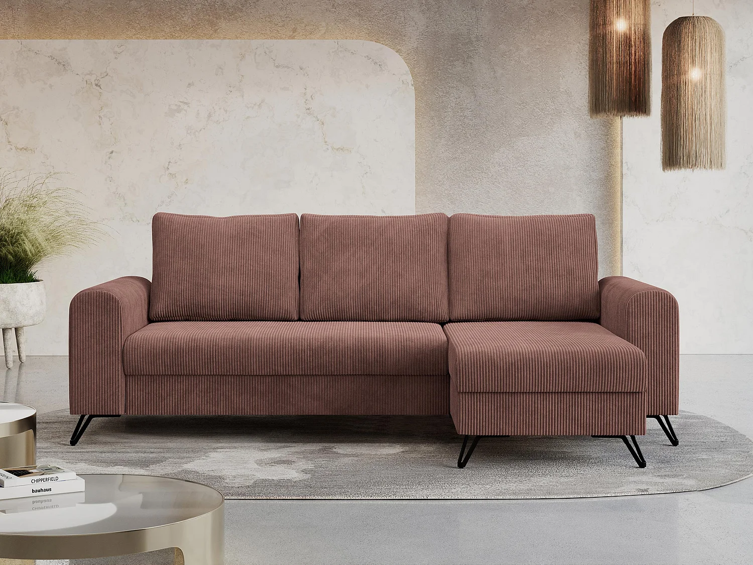 Ecksofa HUGO - L-Form mit Schlaffunktion, lose Kissen - Braun Cord