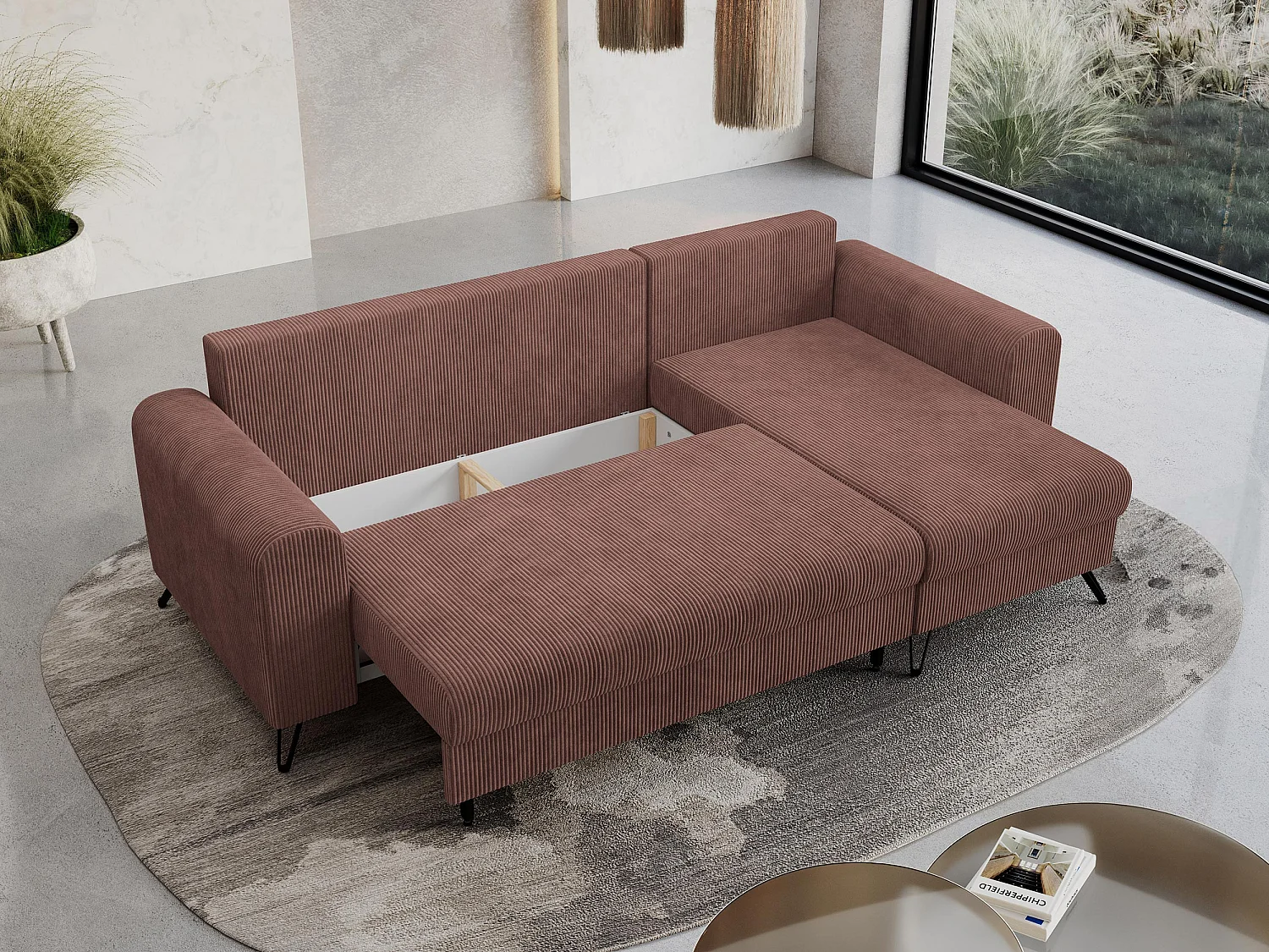 Ecksofa HUGO - L-Form mit Schlaffunktion, lose Kissen - Braun Cord