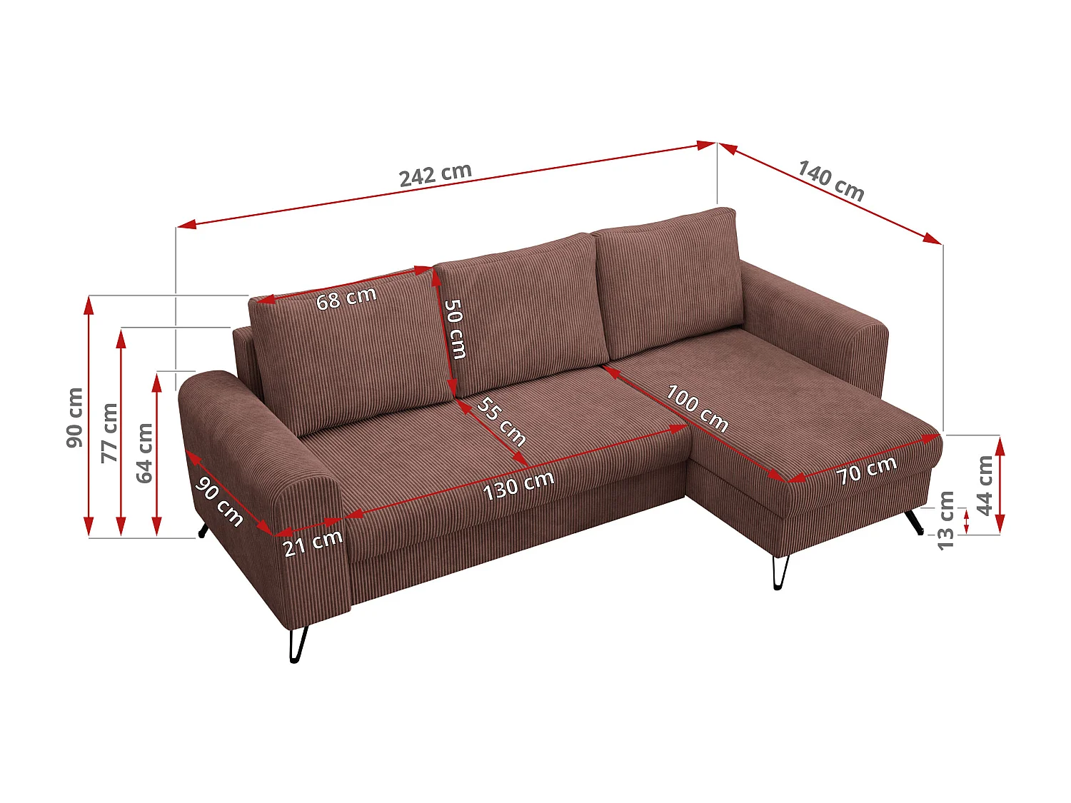 Ecksofa HUGO - L-Form mit Schlaffunktion, lose Kissen - Braun Cord