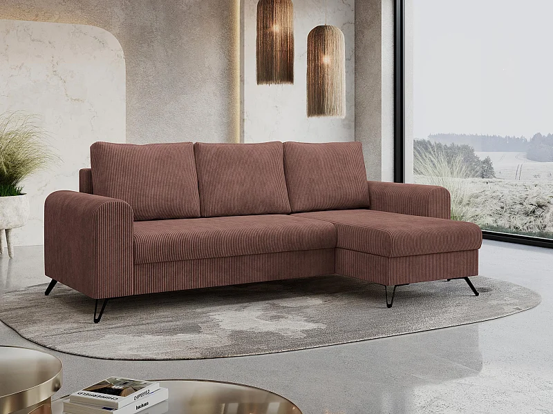 Ecksofa HUGO - L-Form mit Schlaffunktion, lose Kissen - Braun Cord