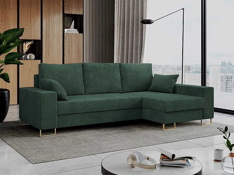 Ecksofa DORIAN - schlaffunktion und Bettkasten, lose Kissen - Grün Cord