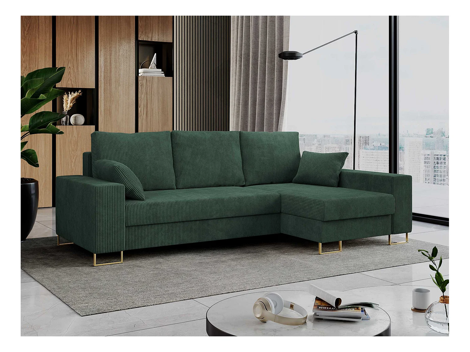 Ecksofa DORIAN - schlaffunktion und Bettkasten, lose Kissen - Grün Cord