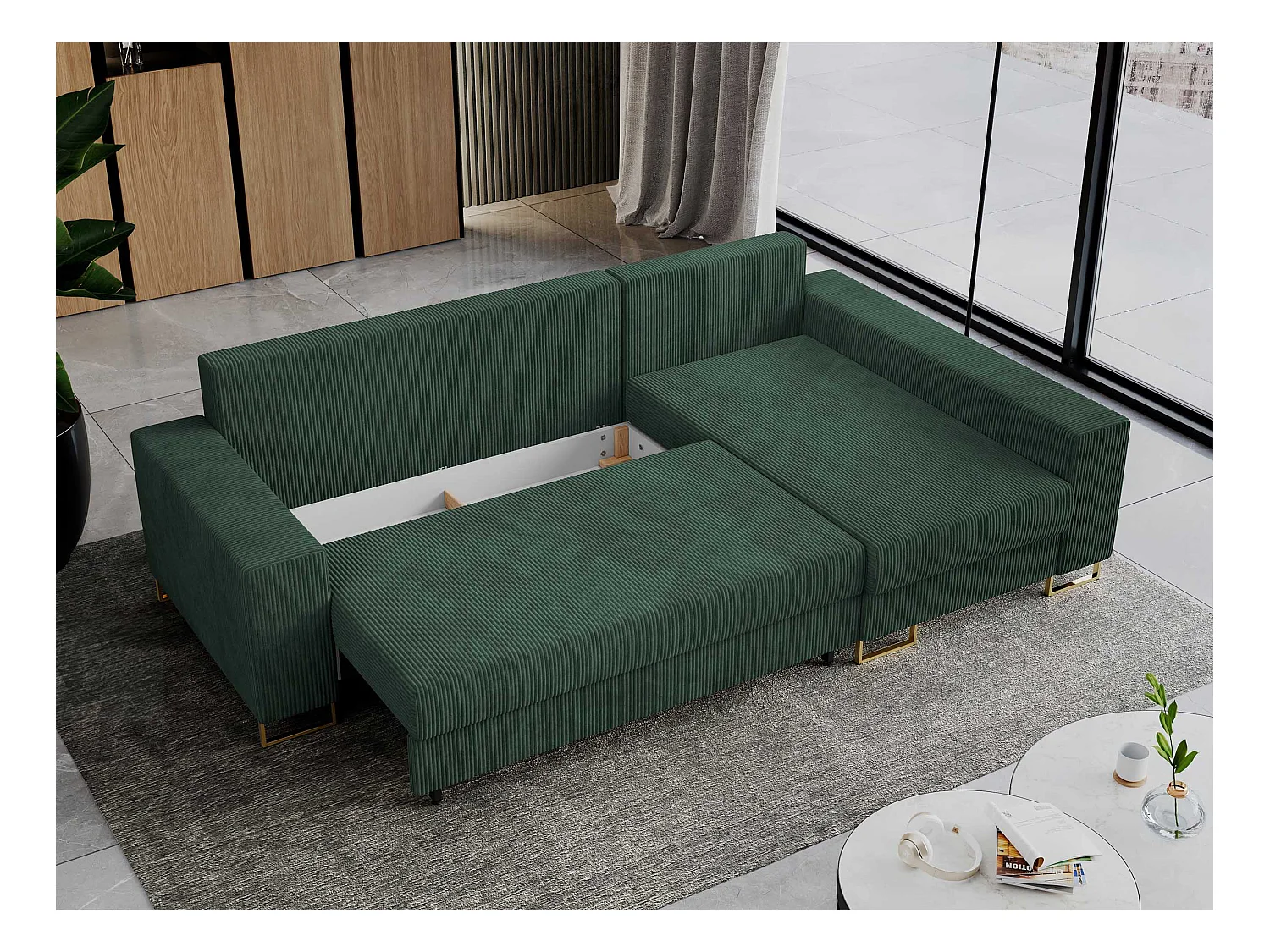 Ecksofa DORIAN - schlaffunktion und Bettkasten, lose Kissen - Grün Cord