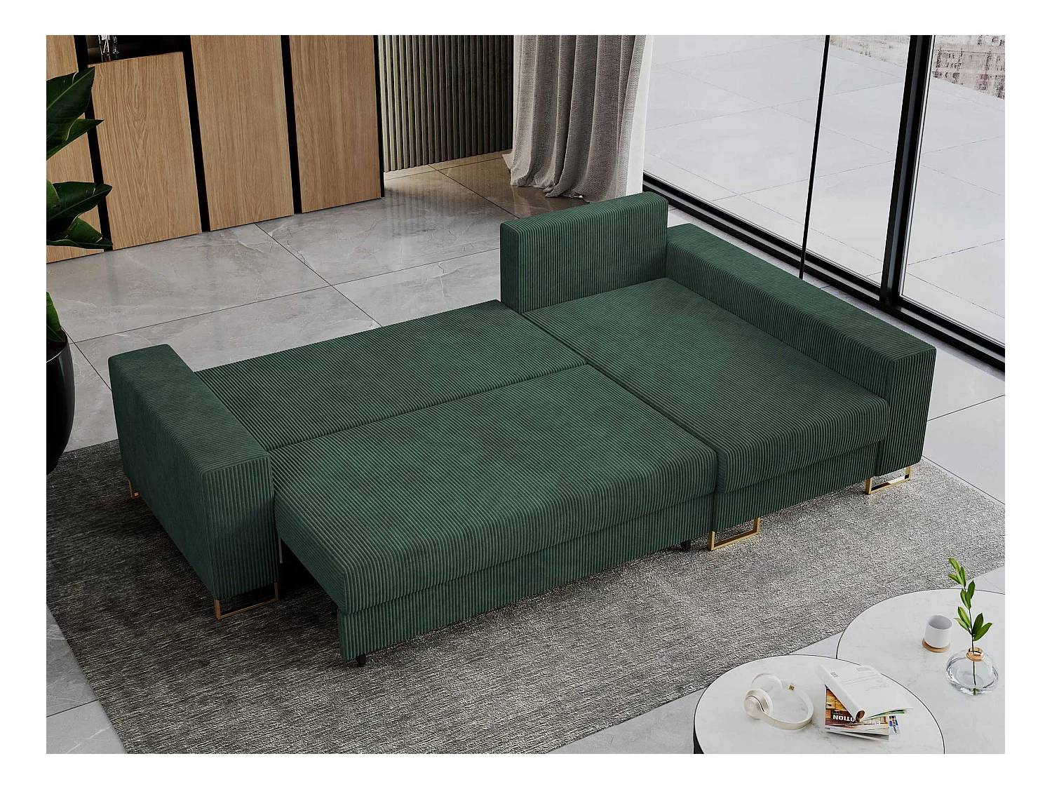 Ecksofa DORIAN - schlaffunktion und Bettkasten, lose Kissen - Grün Cord