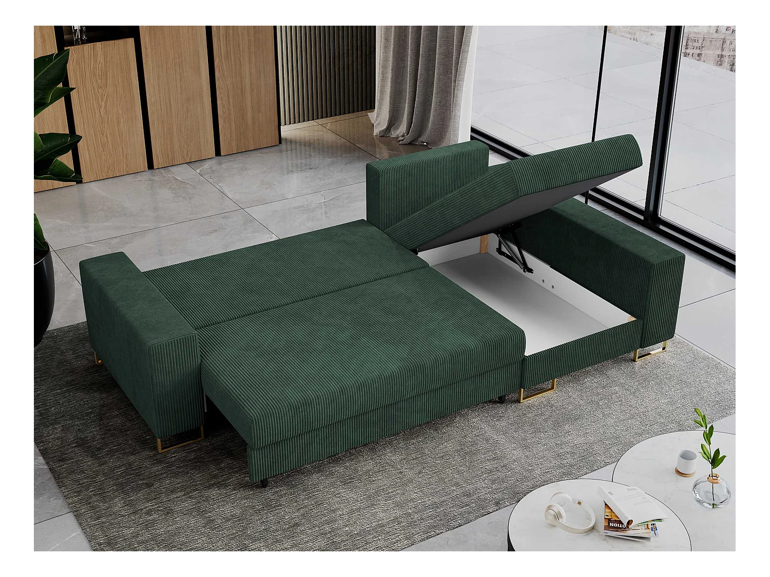 Ecksofa DORIAN - schlaffunktion und Bettkasten, lose Kissen - Grün Cord