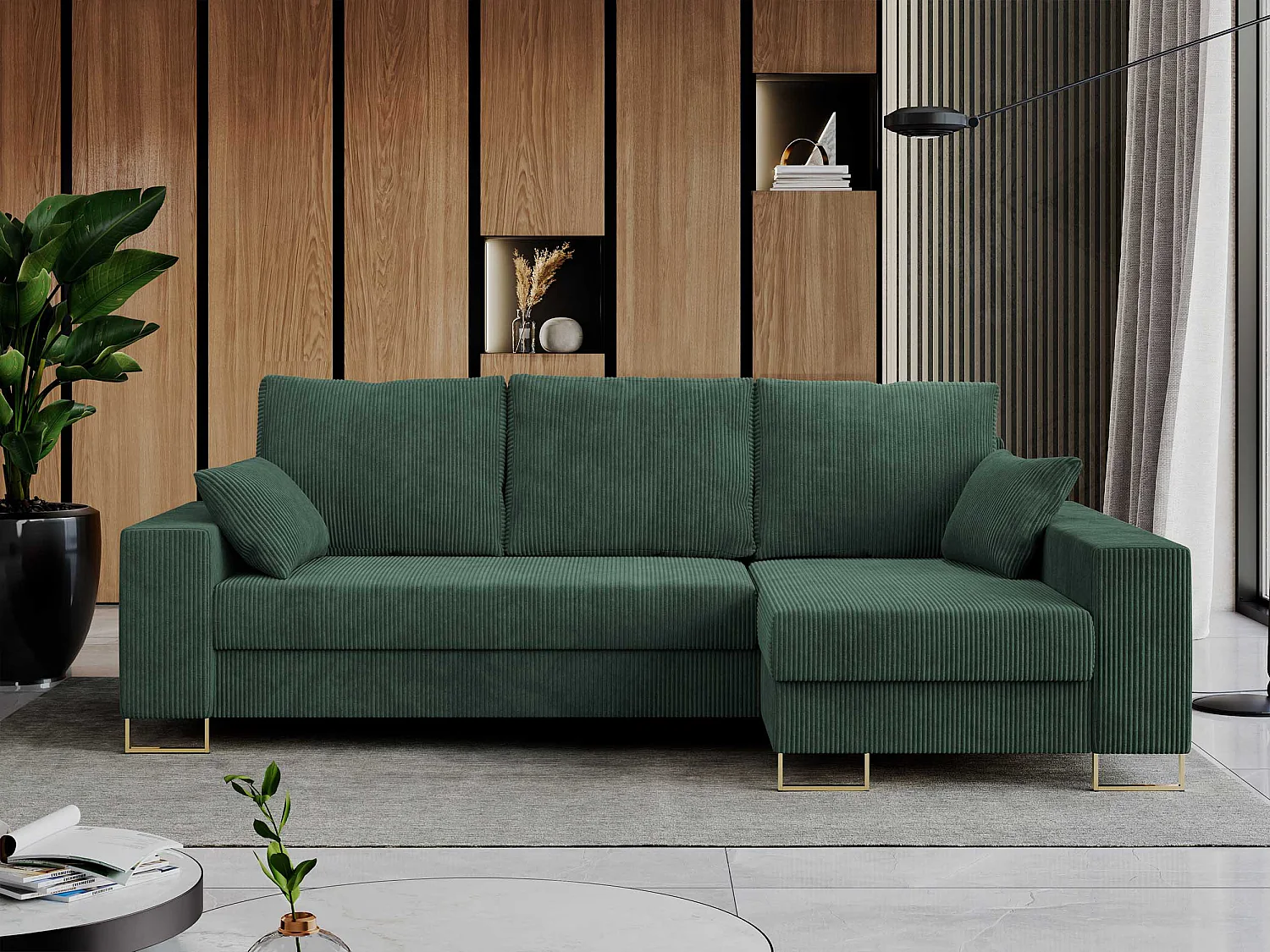 Ecksofa DORIAN - schlaffunktion und Bettkasten, lose Kissen - Grün Cord