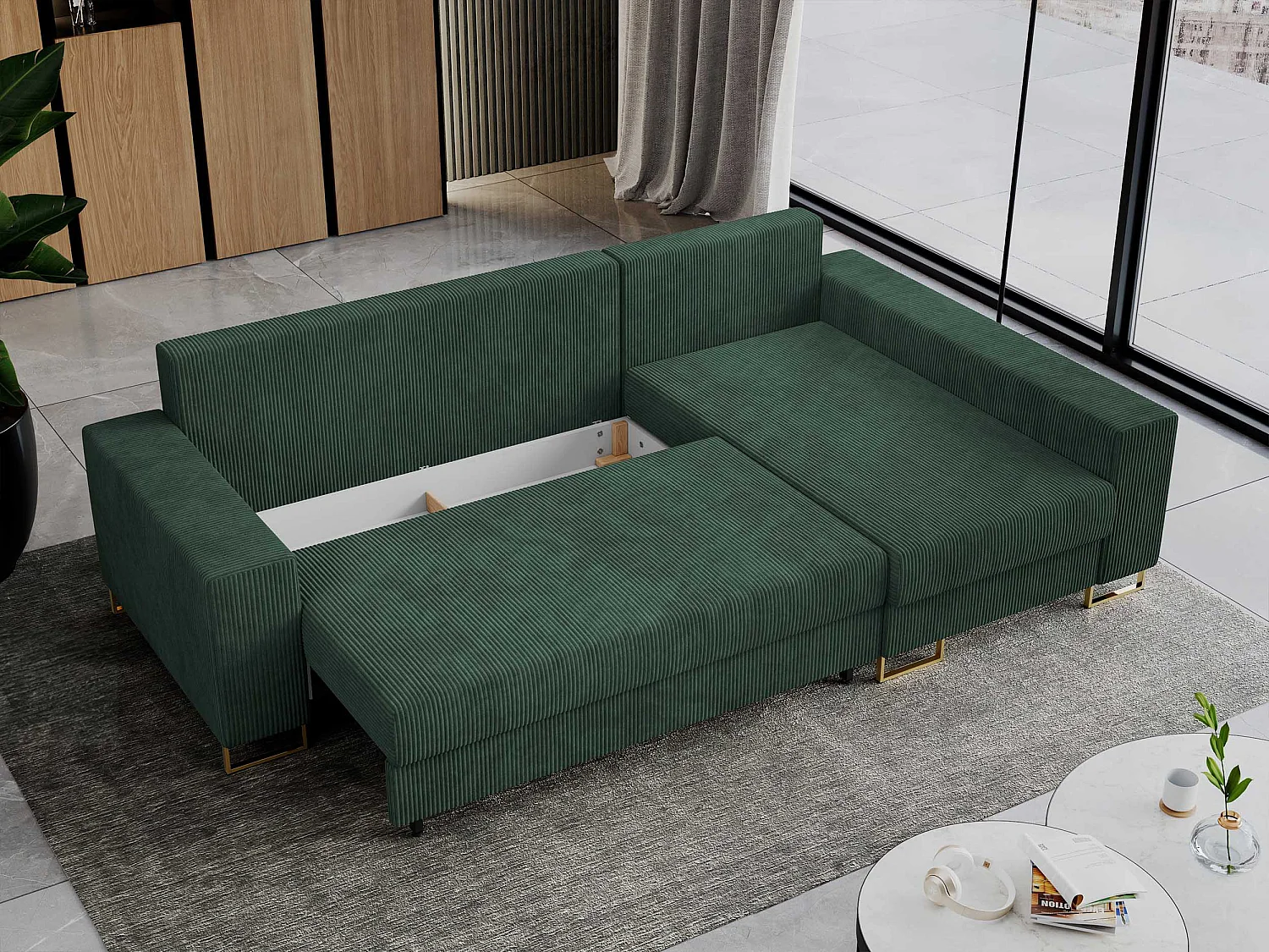 Ecksofa DORIAN - schlaffunktion und Bettkasten, lose Kissen - Grün Cord