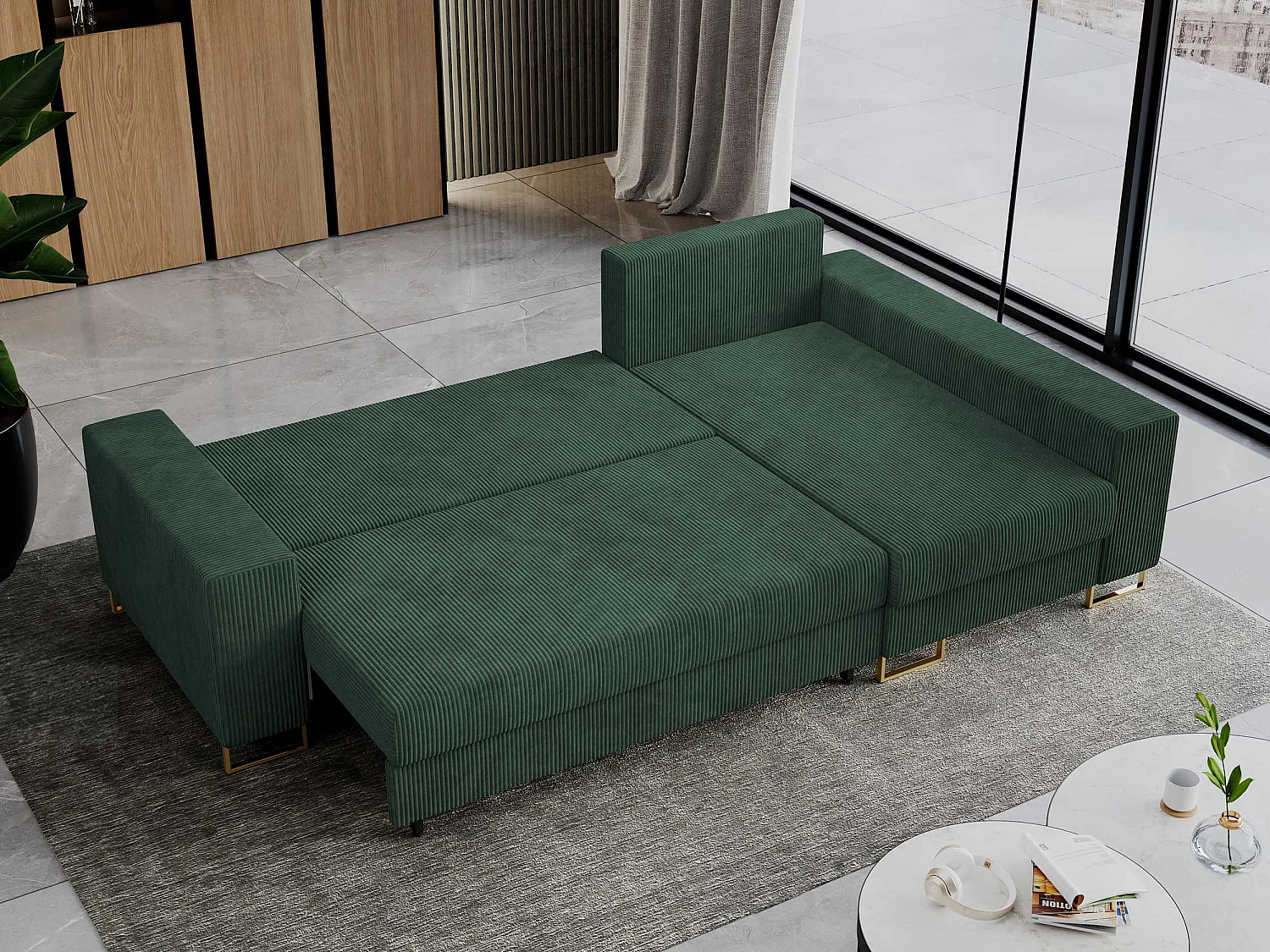 Ecksofa DORIAN - schlaffunktion und Bettkasten, lose Kissen - Grün Cord