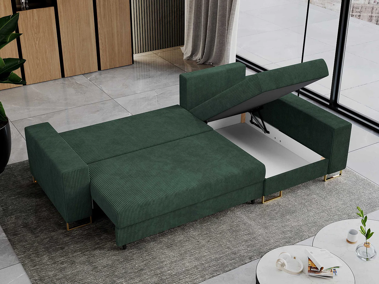 Ecksofa DORIAN - schlaffunktion und Bettkasten, lose Kissen - Grün Cord