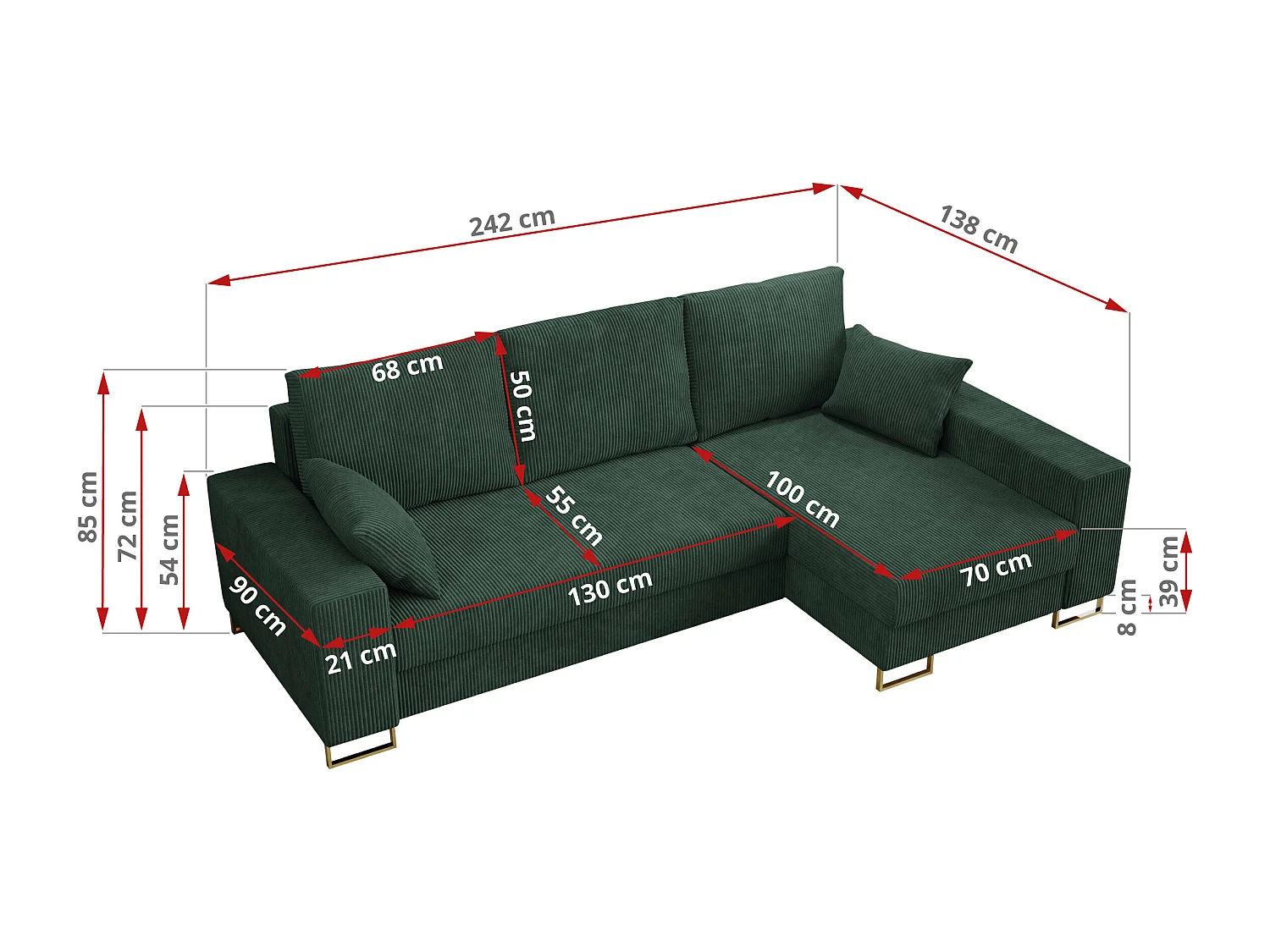 Ecksofa DORIAN - schlaffunktion und Bettkasten, lose Kissen - Grün Cord