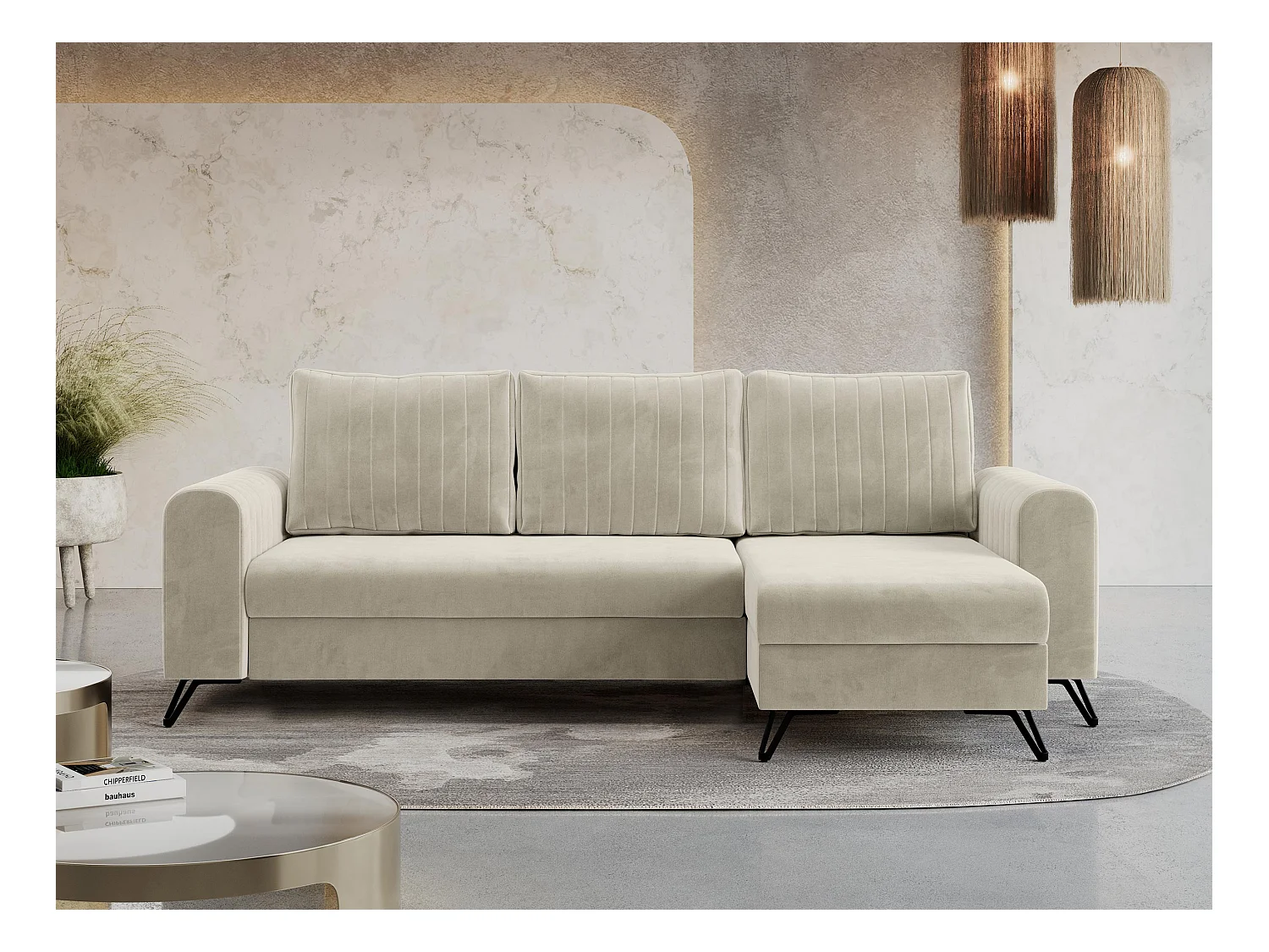 Ecksofa AXEL - universal mit schlaffunktion, Bettkasten - Beige Velvet