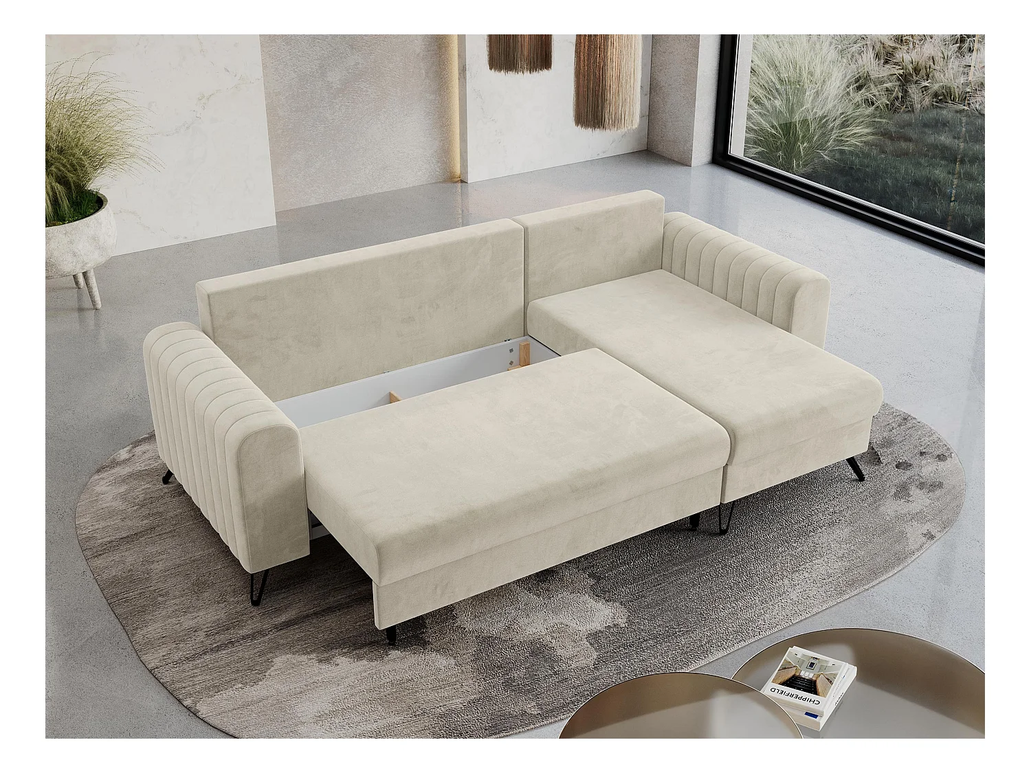 Ecksofa AXEL - universal mit schlaffunktion, Bettkasten - Beige Velvet