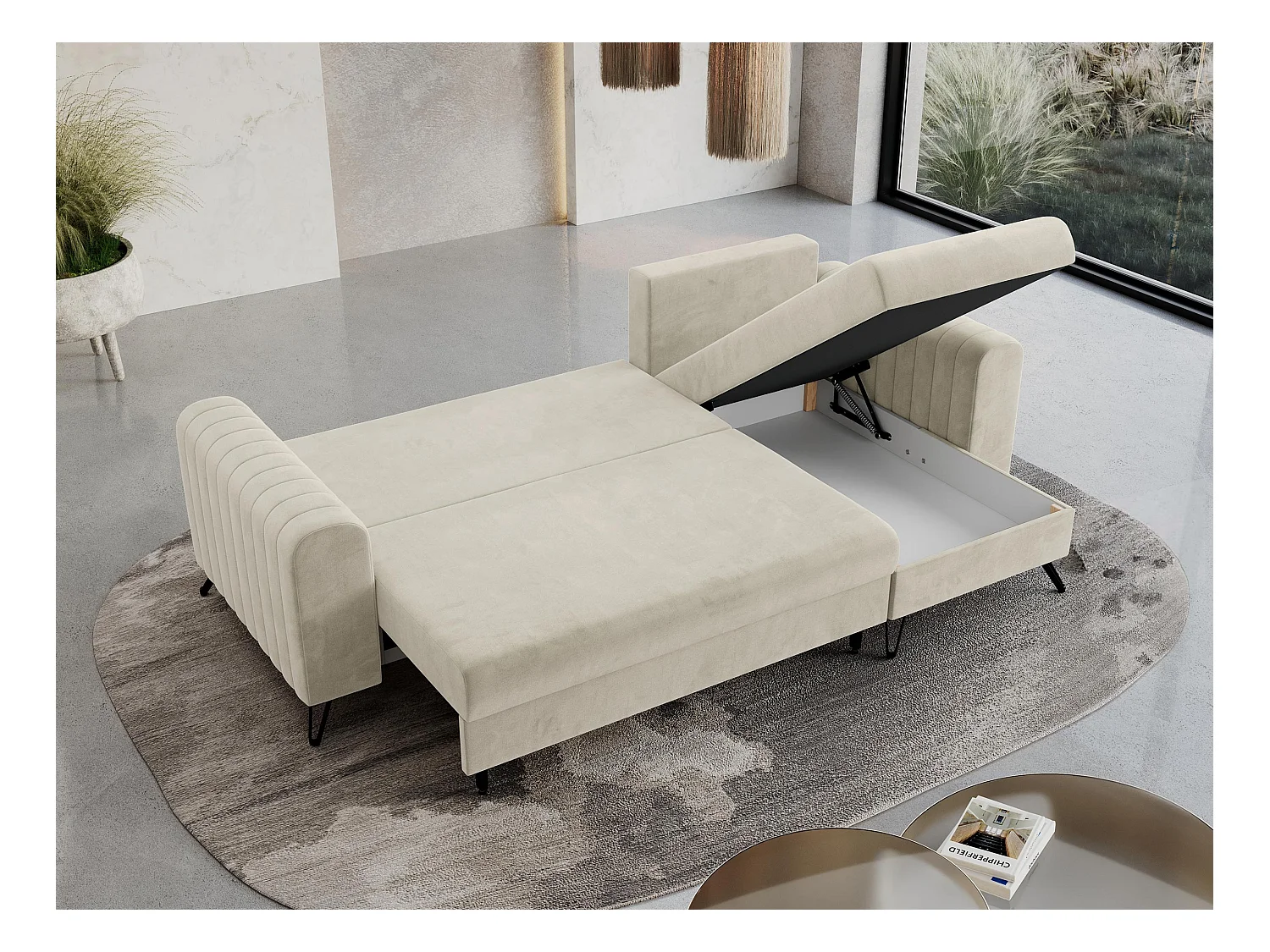 Ecksofa AXEL - universal mit schlaffunktion, Bettkasten - Beige Velvet
