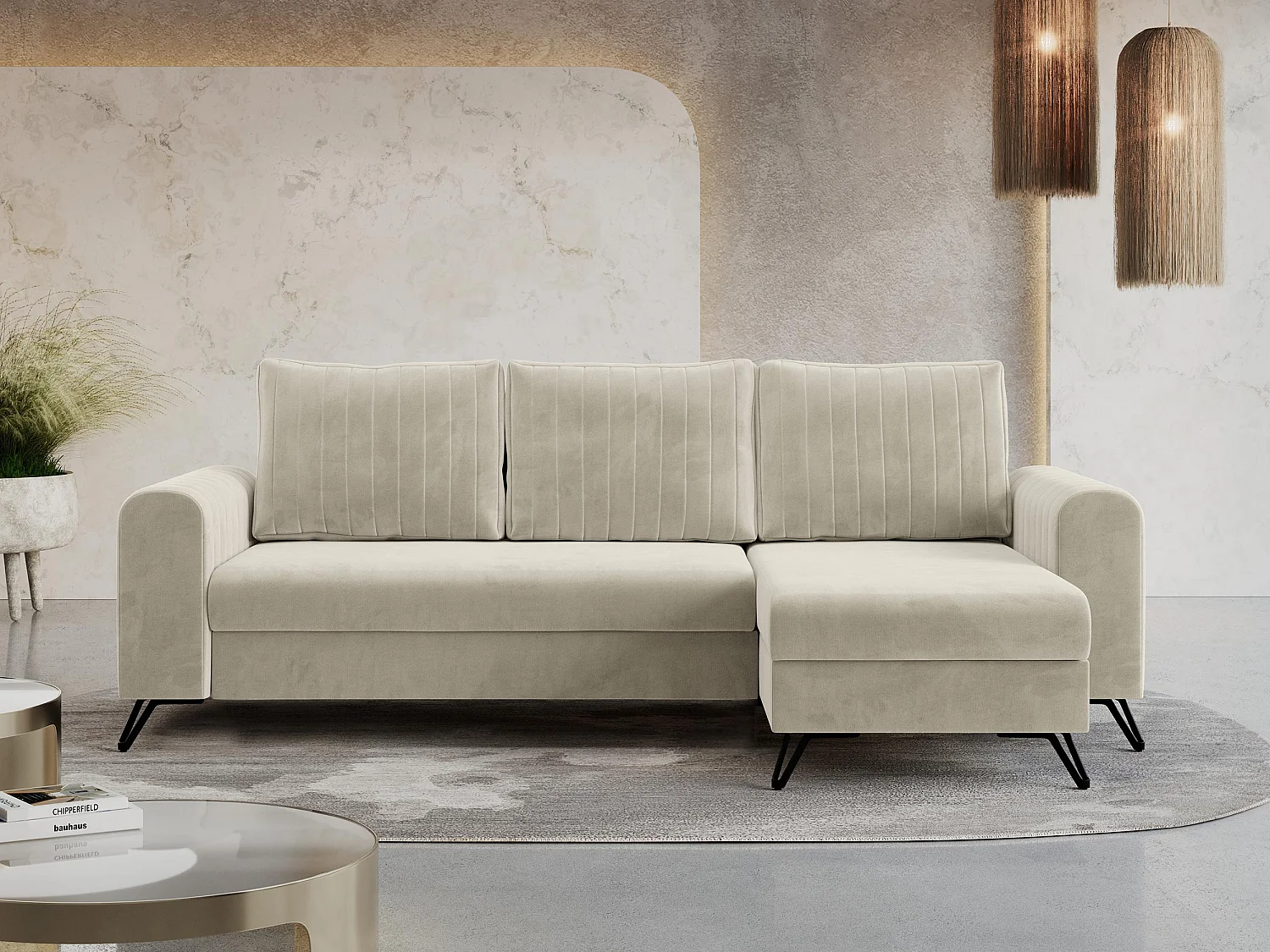 Ecksofa AXEL - universal mit schlaffunktion, Bettkasten - Beige Velvet
