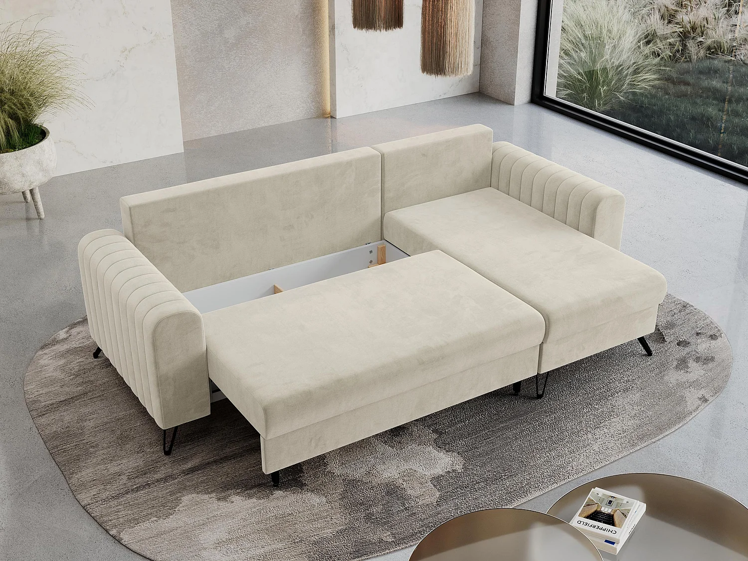 Ecksofa AXEL - universal mit schlaffunktion, Bettkasten - Beige Velvet