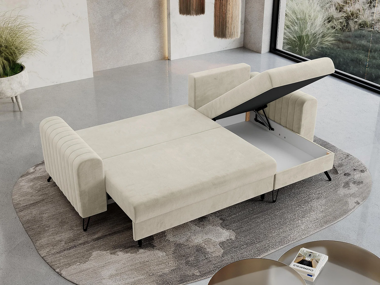 Ecksofa AXEL - universal mit schlaffunktion, Bettkasten - Beige Velvet