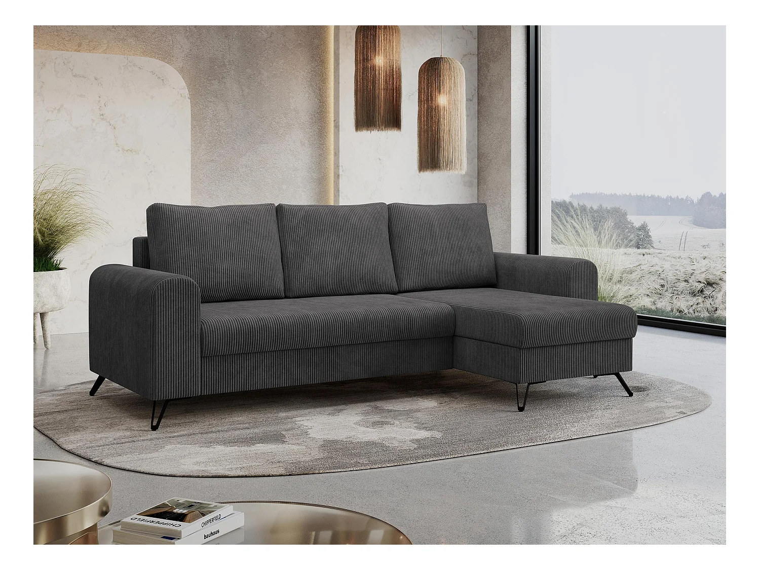 Ecksofa HUGO - L-Form mit Schlaffunktion, lose Kissen - Dunkelgrau Cord