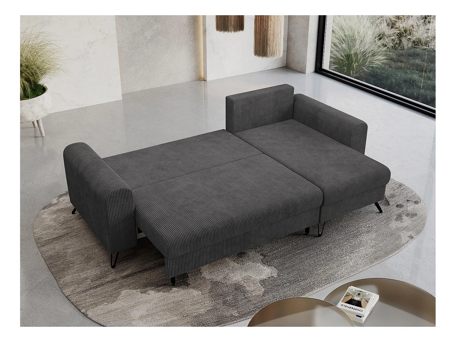 Ecksofa HUGO - L-Form mit Schlaffunktion, lose Kissen - Dunkelgrau Cord